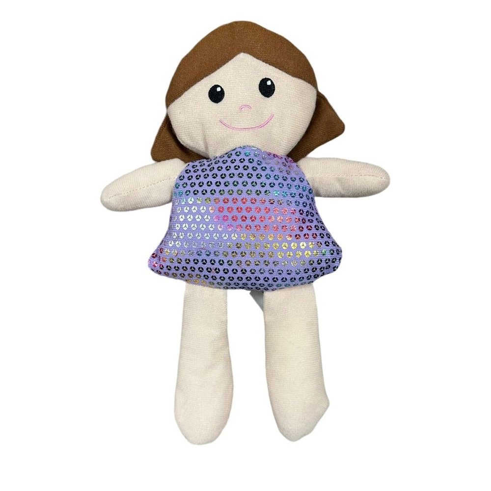 Brunette Doll Plush Dolly Stuffed animal Purple Sparkle Dress Sewn Eyes Lovey
